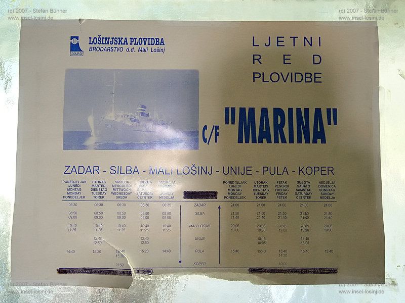 letzter Fahrplan des Motorschiffes Marina, damals von Zadar ber Silba, Mali Losinj, Unije, Pula nach Koper